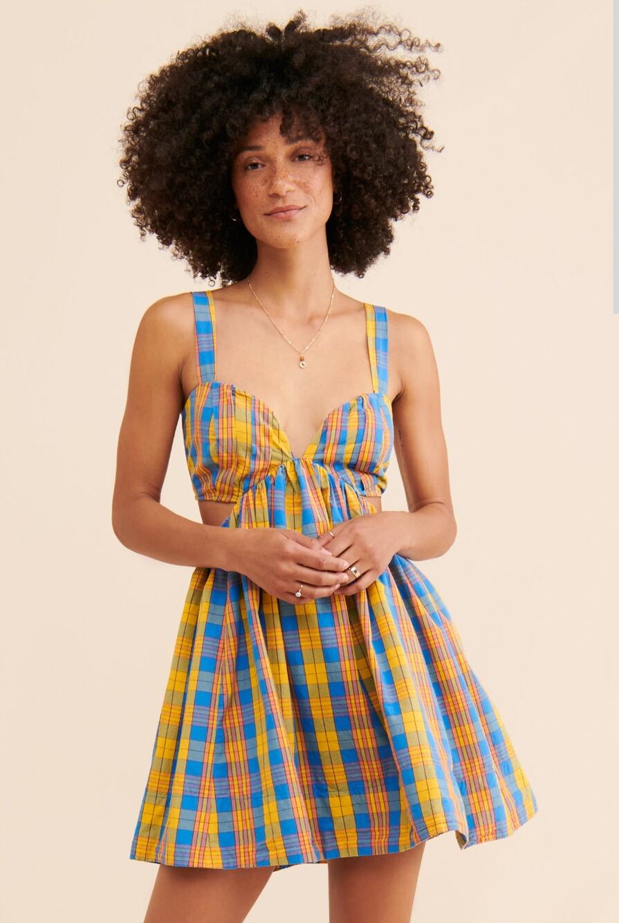 Free People Bridget Plaid Cutout Mini Dress Size Medium Boho Cotton Sundress